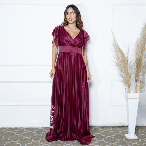 VESTIDO DE MANGUINHA SAIA PLISSADA VESTIDO DE FESTA PETRA FINA MARSALA P